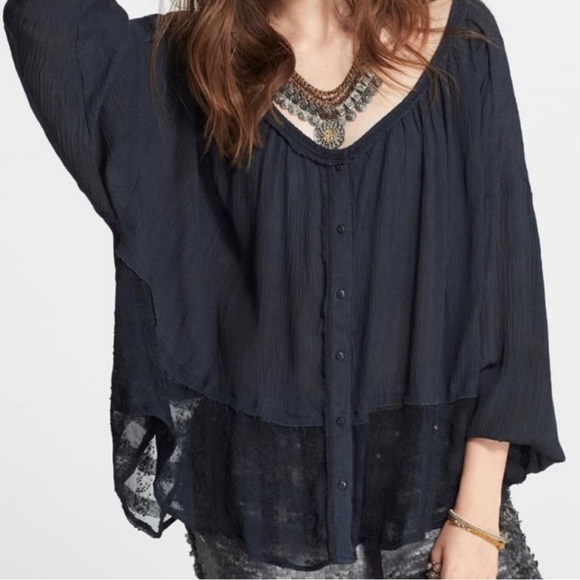 Free People Oversized Sheer Window Pane High Low Gauzy Boho Top - Picture 1 of 6